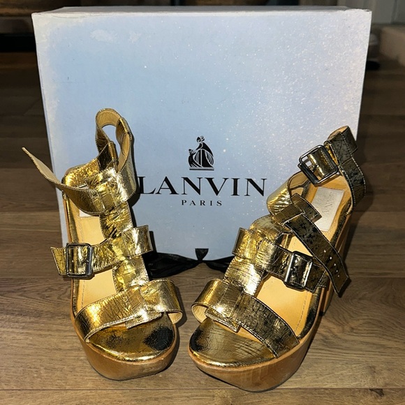 Lanvin Platform Heels Multi Strap Gold Craque Leather - Picture 2 of 10